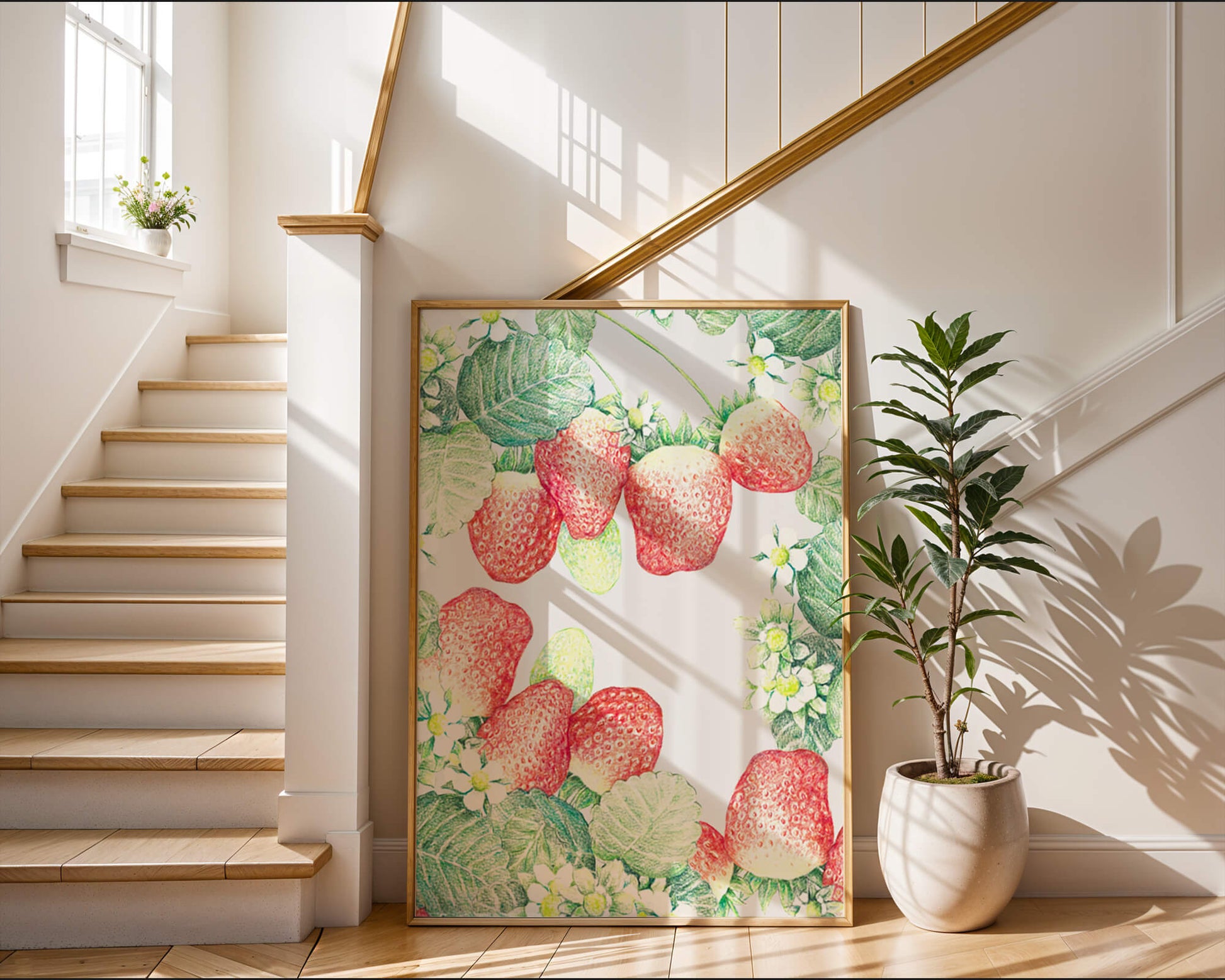 Illustration of strawberries and flowers with lush green leaves