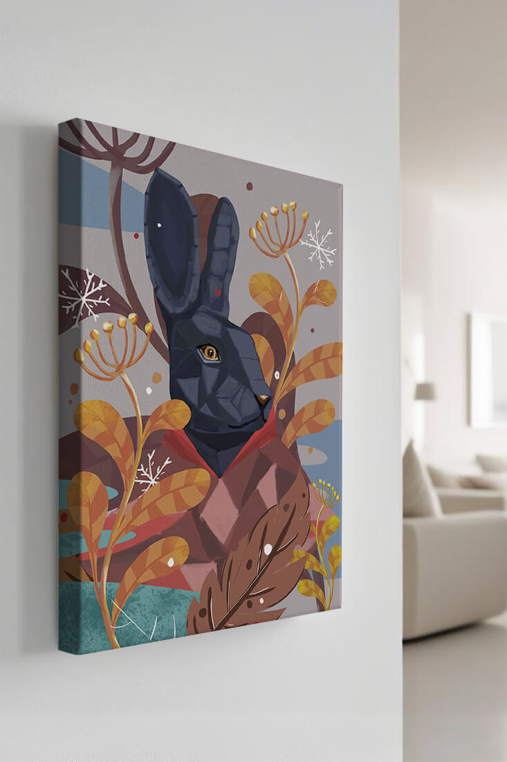 Abstract geometric rabbit in a vibrant autumn floral setting