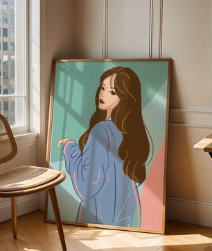 Illustration of woman with long hair and blue jacket