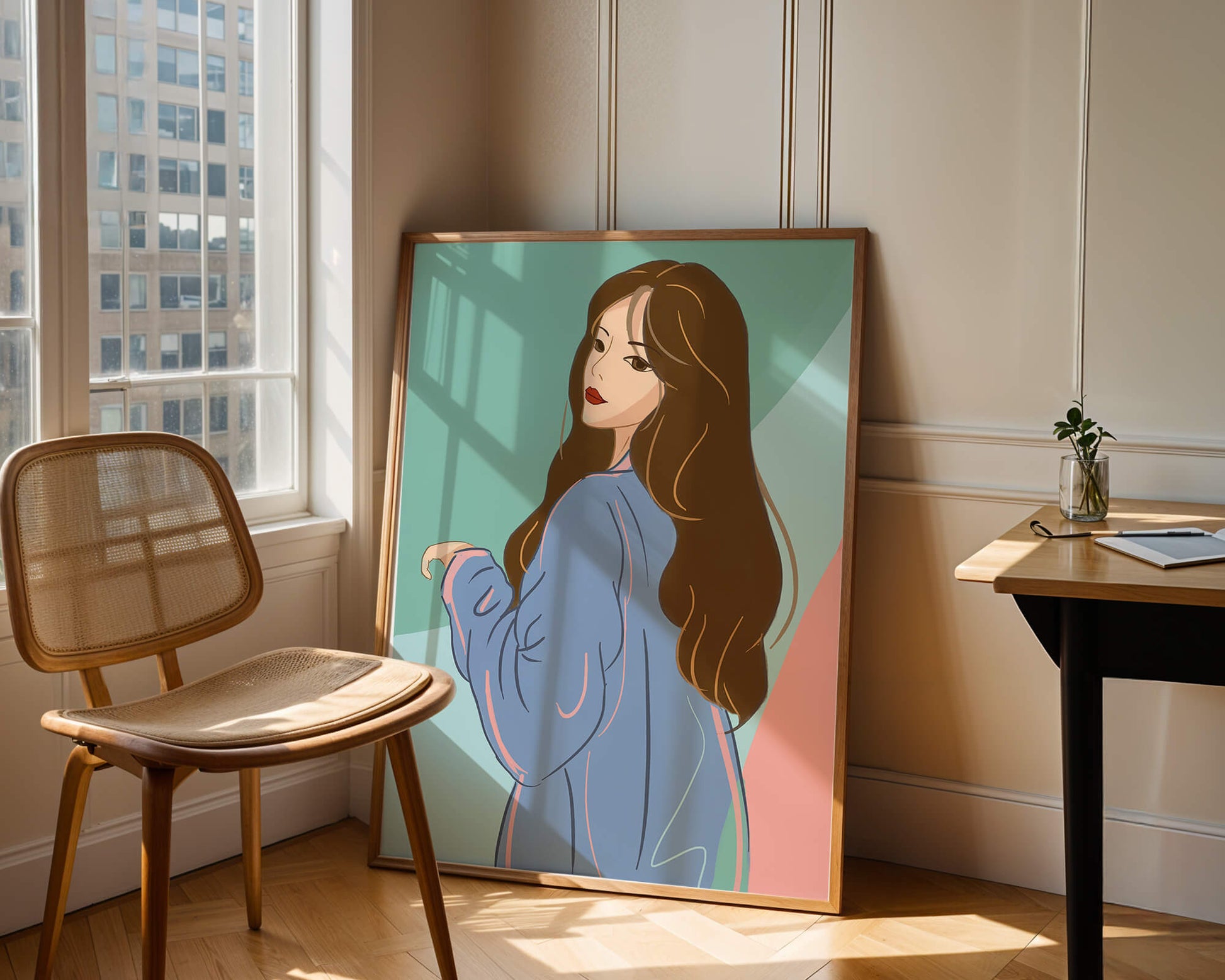 Illustration of woman with long hair and blue jacket