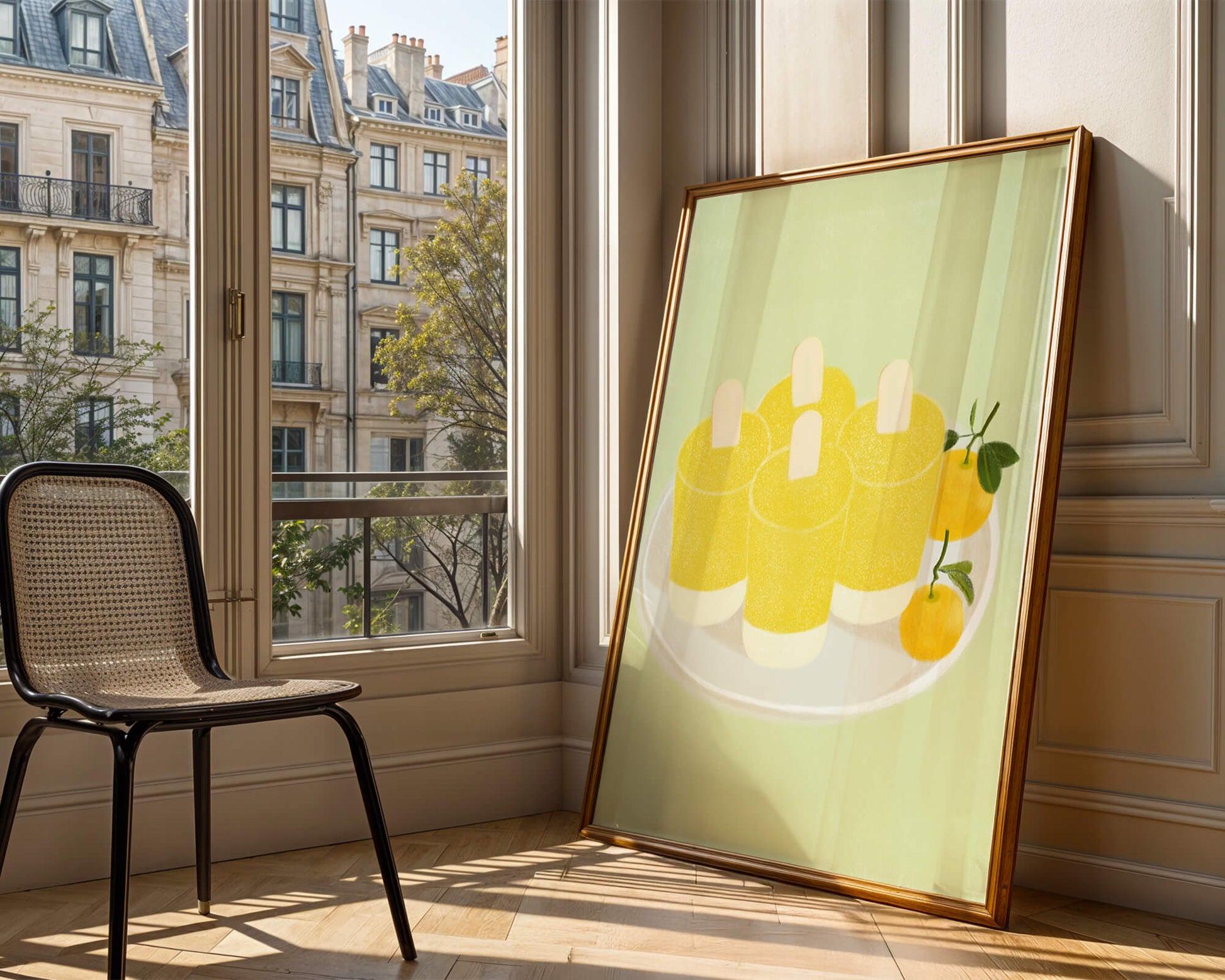 Illustration of yellow popsicles and oranges on a plate