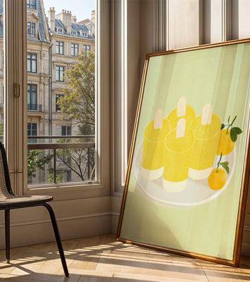 Illustration of yellow popsicles and oranges on a plate