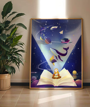 Imaginative galaxy scene with books and a child