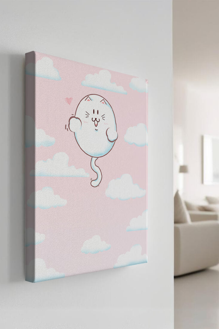 Gato flotante caprichoso en un cielo pastel con nubes esponjosas
