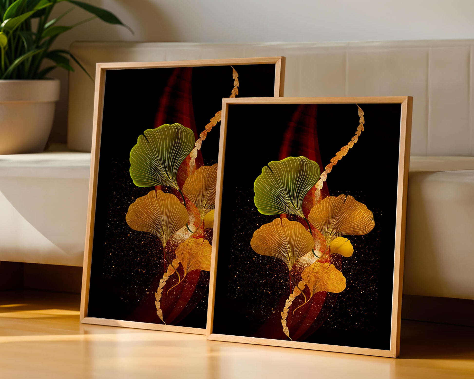 Art abstrait floral avec des feuilles de gingko dorées et un fond sombre