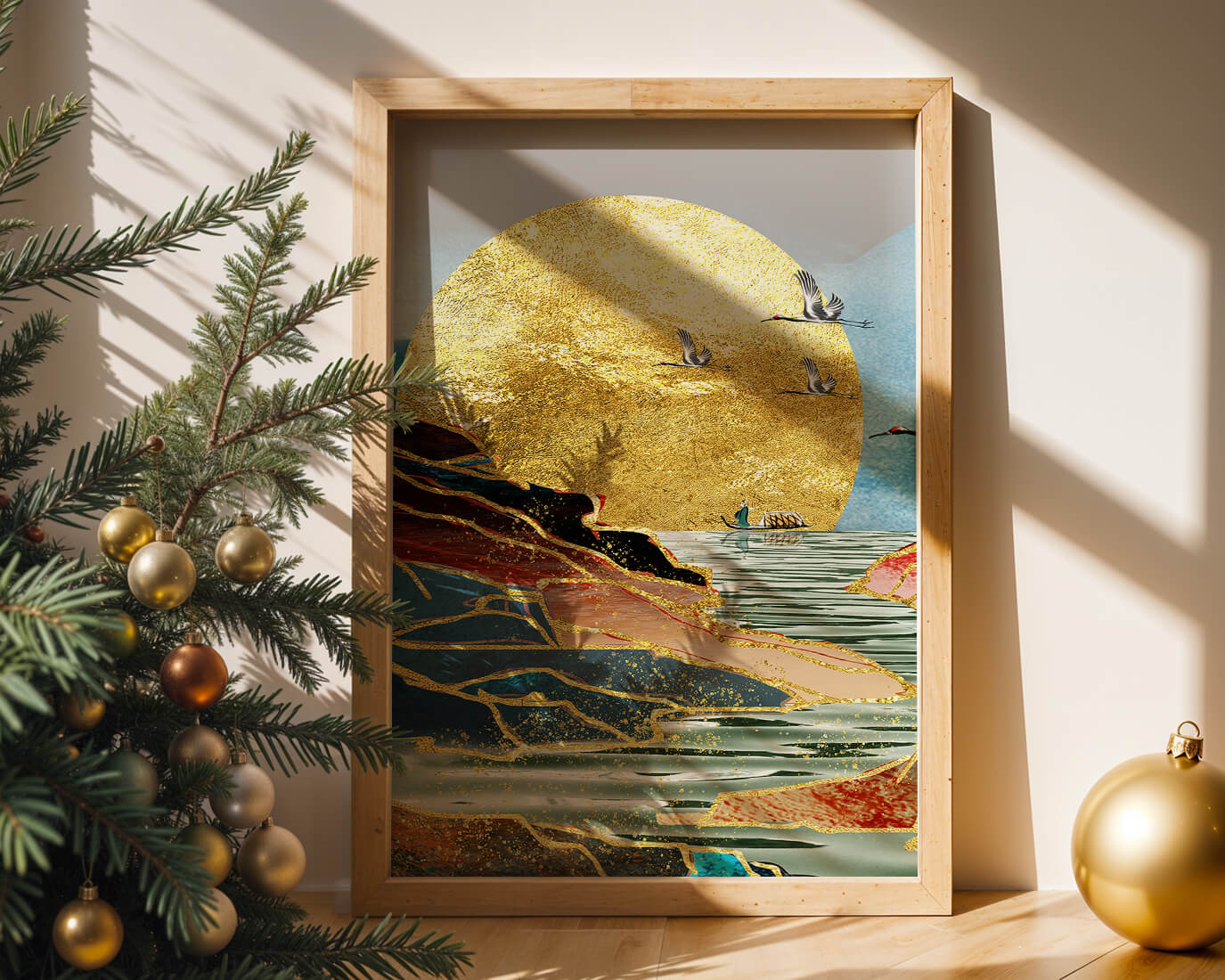 Majestic Golden Sun with Birds over Serene Landscape