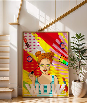 Ilustración de arte pop vibrante con una niña sonriente con maquillaje colorido y patrones audaces