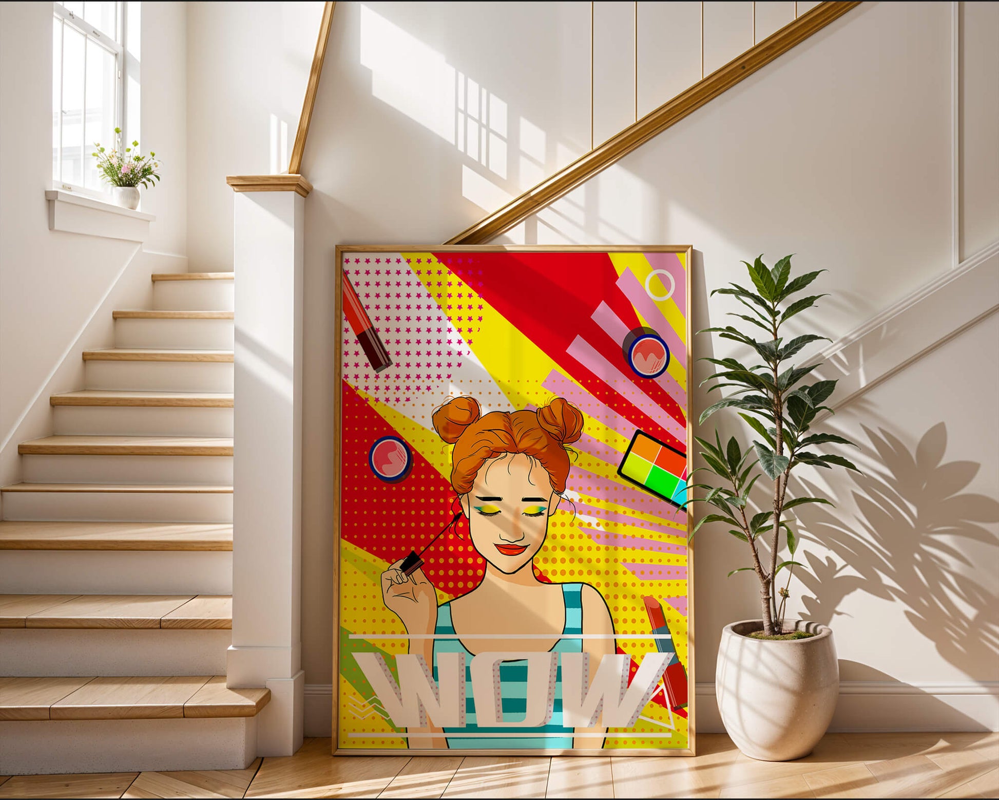 Ilustración de arte pop vibrante con una niña sonriente con maquillaje colorido y patrones audaces