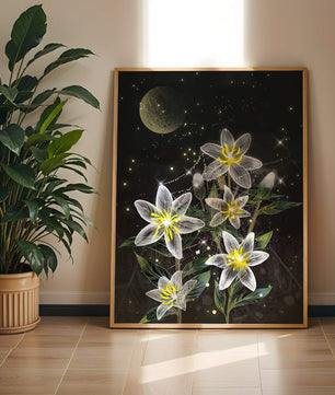 Floral Night Scene with Luminous Flowers and Golden Moon