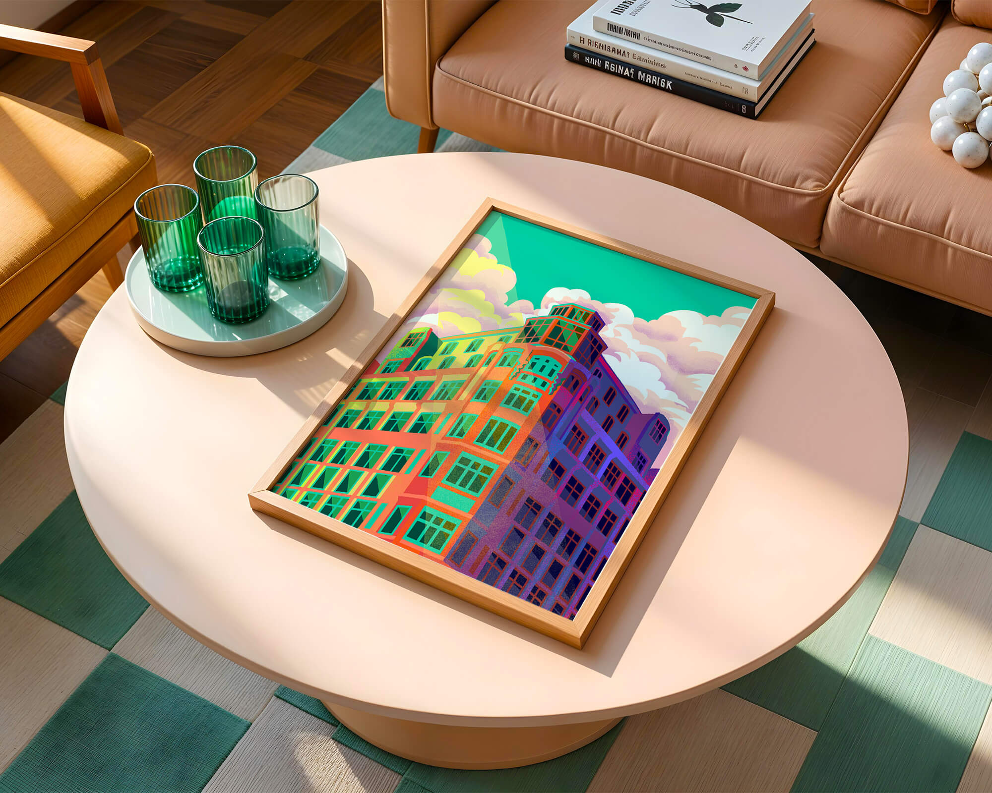 Colorful geometric building with vibrant sky