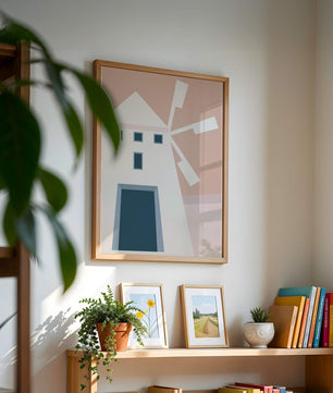 Minimalist geometric house illustration on pastel background