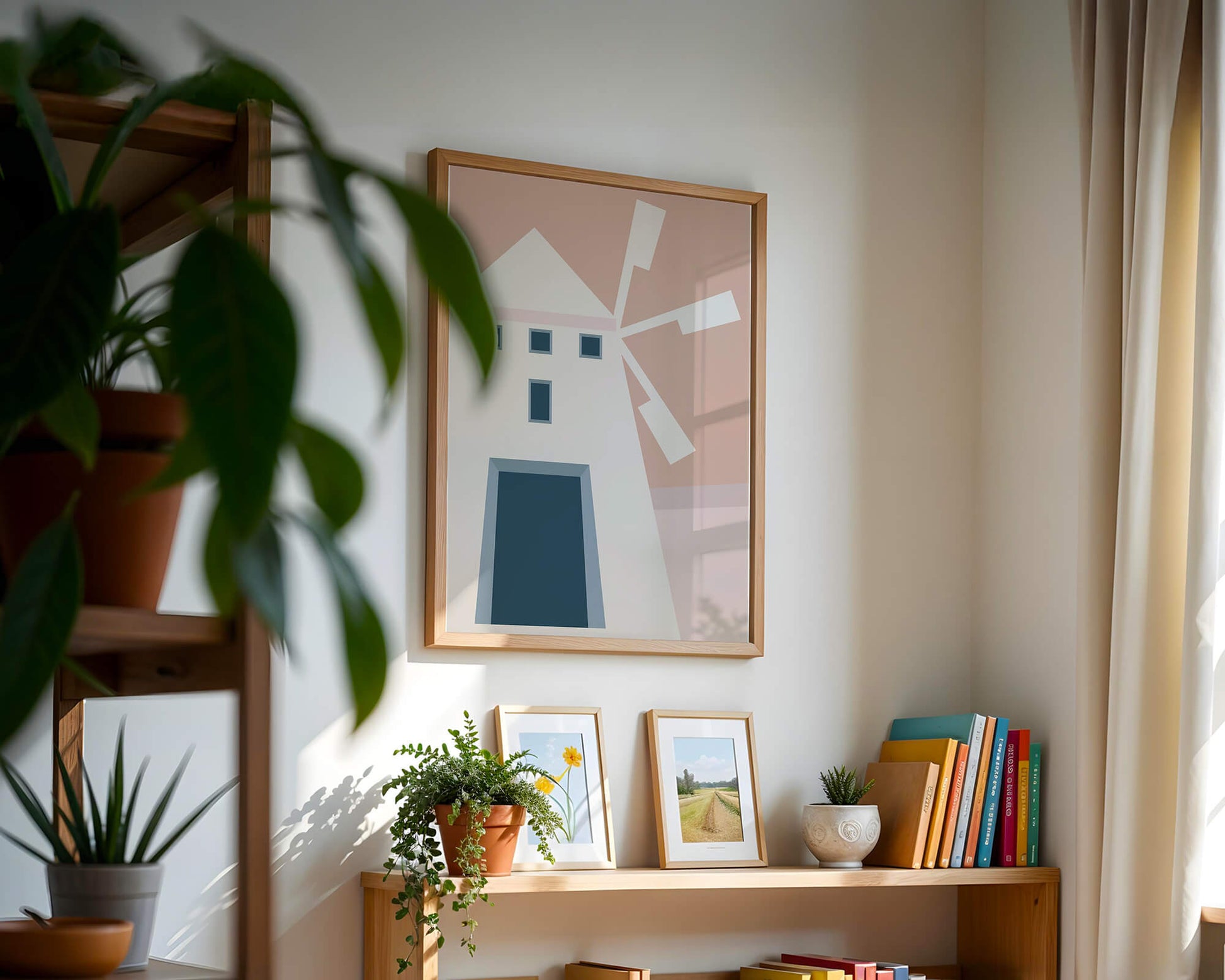 Minimalist geometric house illustration on pastel background
