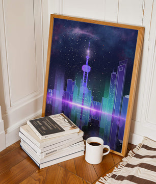 Futuristische Skyline mit leuchtenden Türmen unter sternenklarer Nacht
