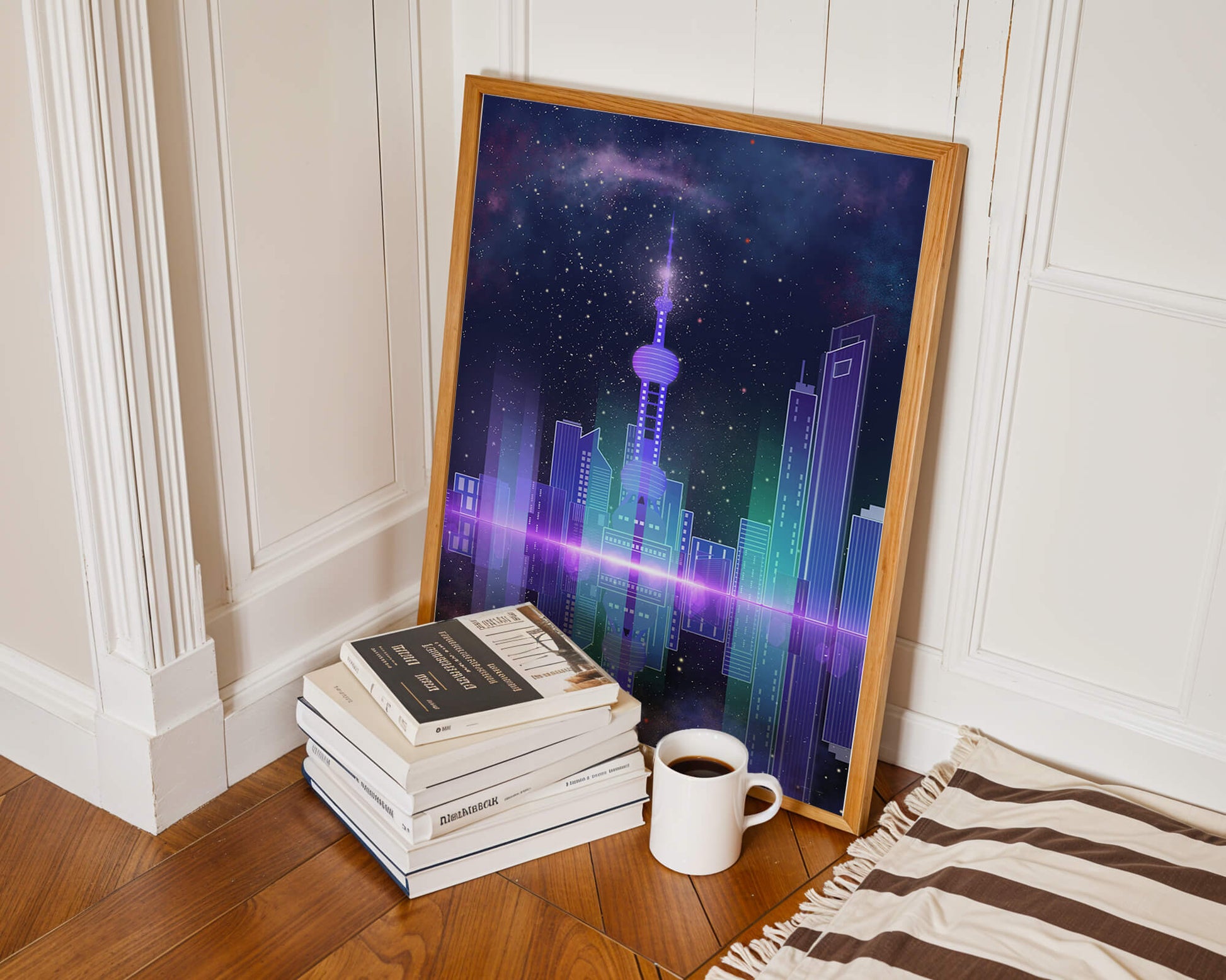 Futuristische Skyline mit leuchtenden Türmen unter sternenklarer Nacht