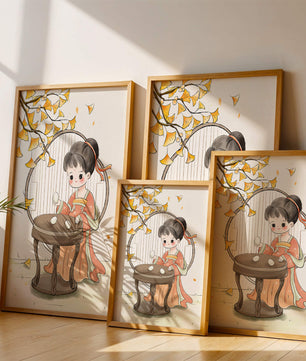 Charmante illustration d'une fille en tenue traditionnelle avec des feuilles de ginkgo