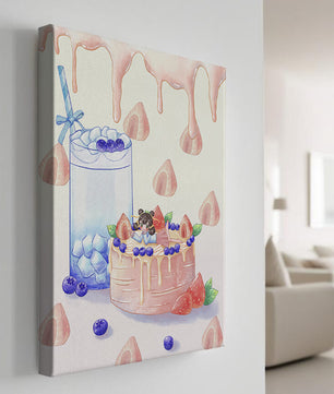 Escena de postre caprichosa con pastel y bebida con acentos juguetones