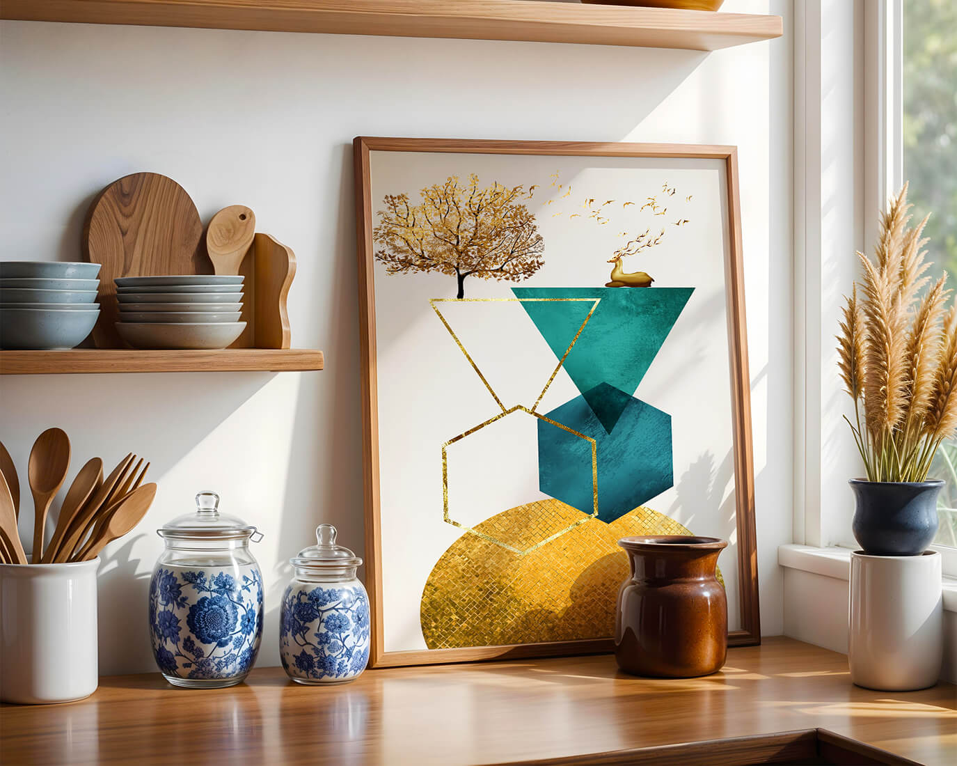 Abstract Geometric Composition with Golden Deer and Tree