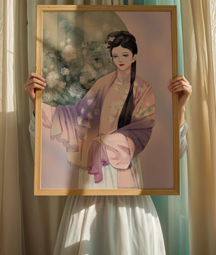 Elegant Asian Woman in Traditional Attire with Floral Background - Mi tienda