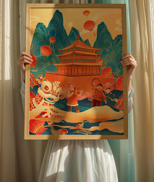 Traditionelles chinesisches Fest mit Laternen und Löwentanz