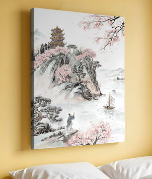 Tranquil Landscape with Cherry Blossoms and Traditional Pagoda