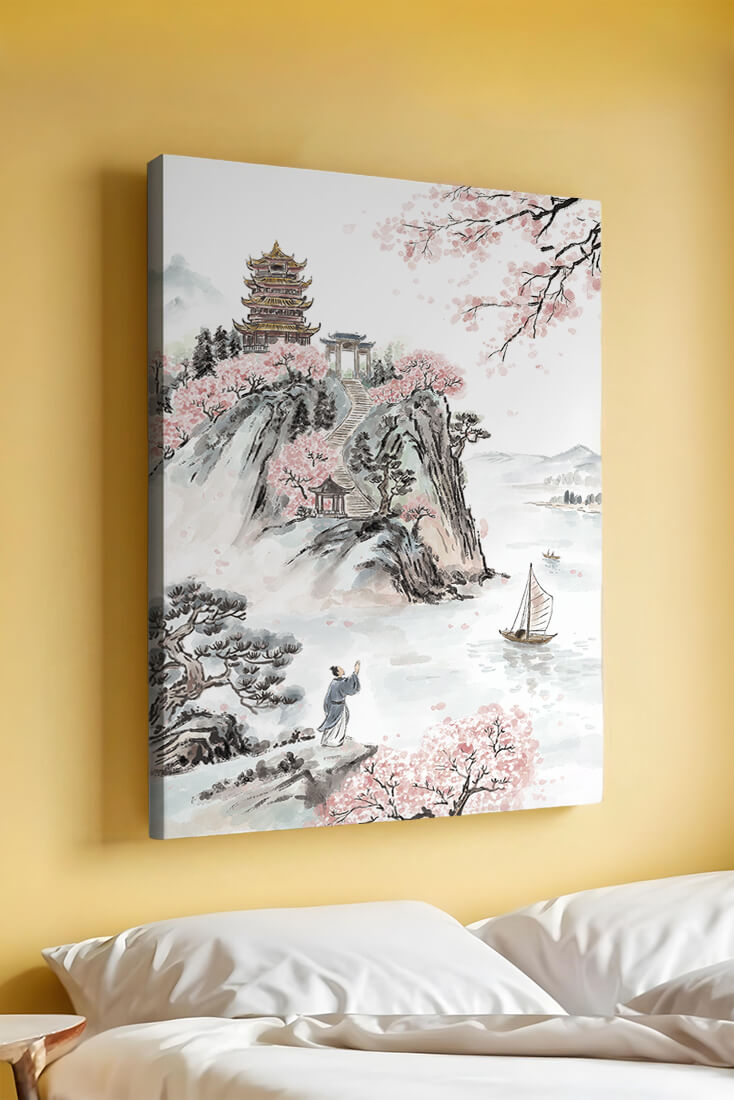 Tranquil Landscape with Cherry Blossoms and Traditional Pagoda