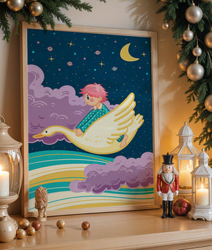 Child flying on a goose through a magical night sky illustration