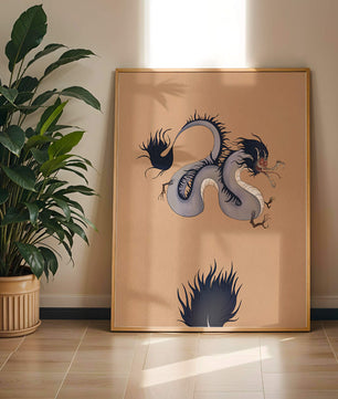 Illustration of a mystical dragon with fluid form on a beige background