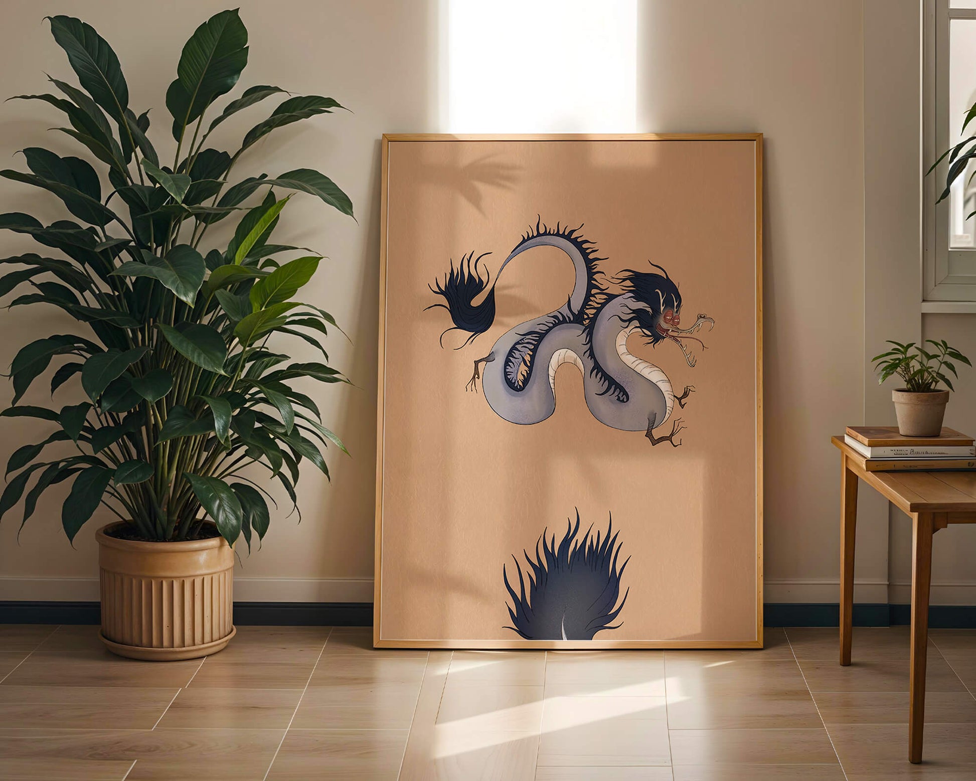 Illustration of a mystical dragon with fluid form on a beige background