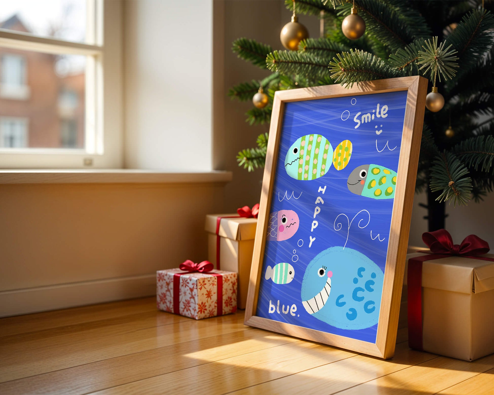 Colorful underwater scene with smiling cartoon fish