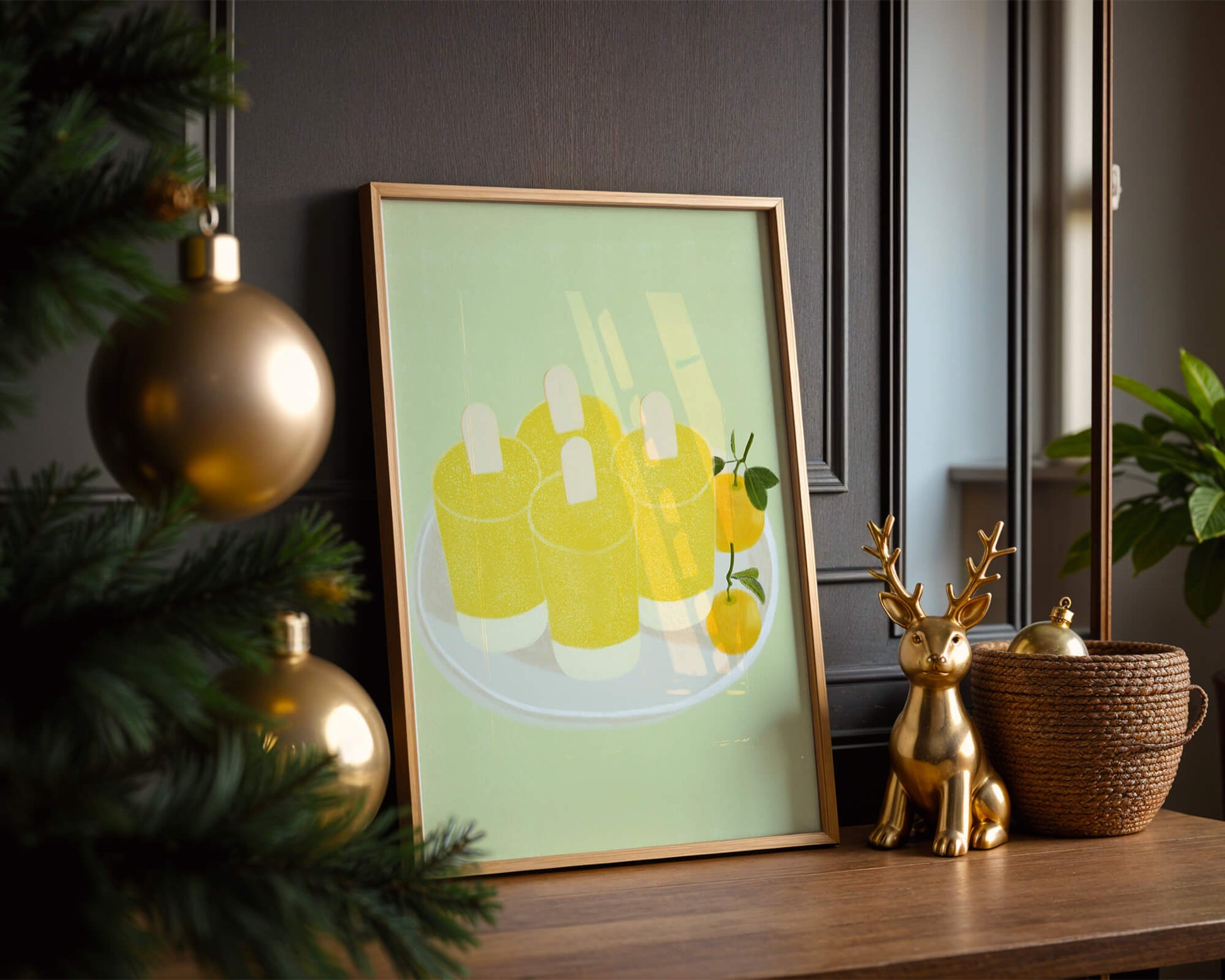 Illustration of yellow popsicles and oranges on a plate