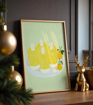 Illustration of yellow popsicles and oranges on a plate