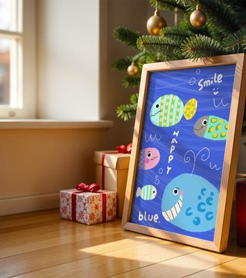 Colorful underwater scene with smiling cartoon fish