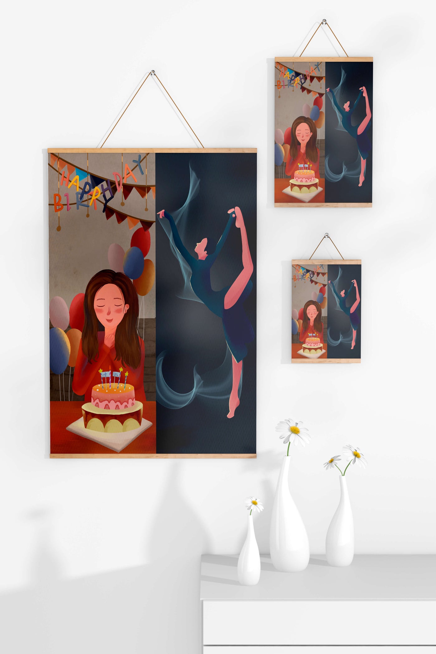 Birthday celebration illustration with cake and dancing figure