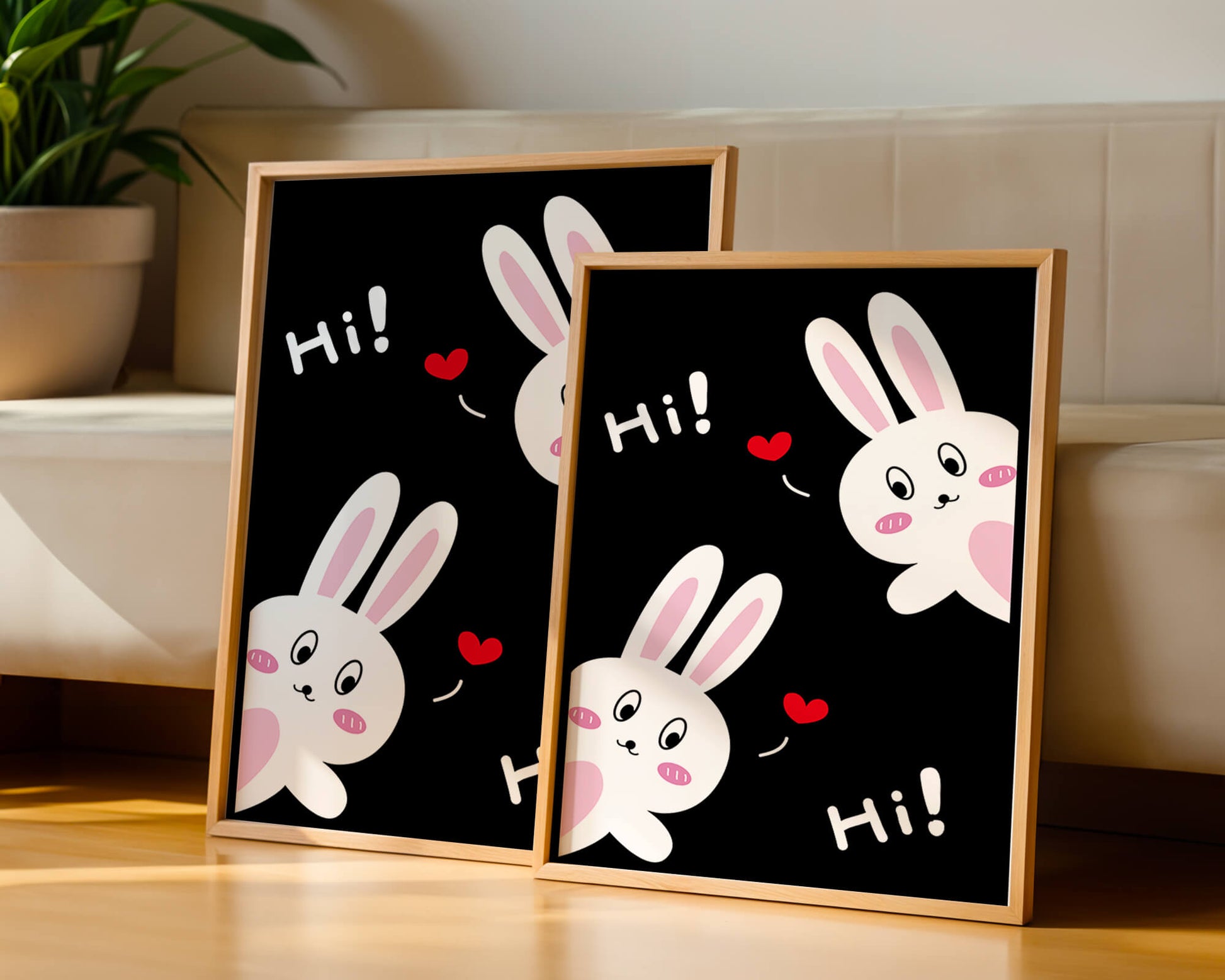 Charming bunny illustration with hearts on black background