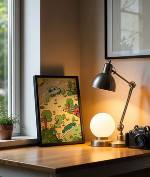 Colorful cartoon landscape with vehicles and nature scene
