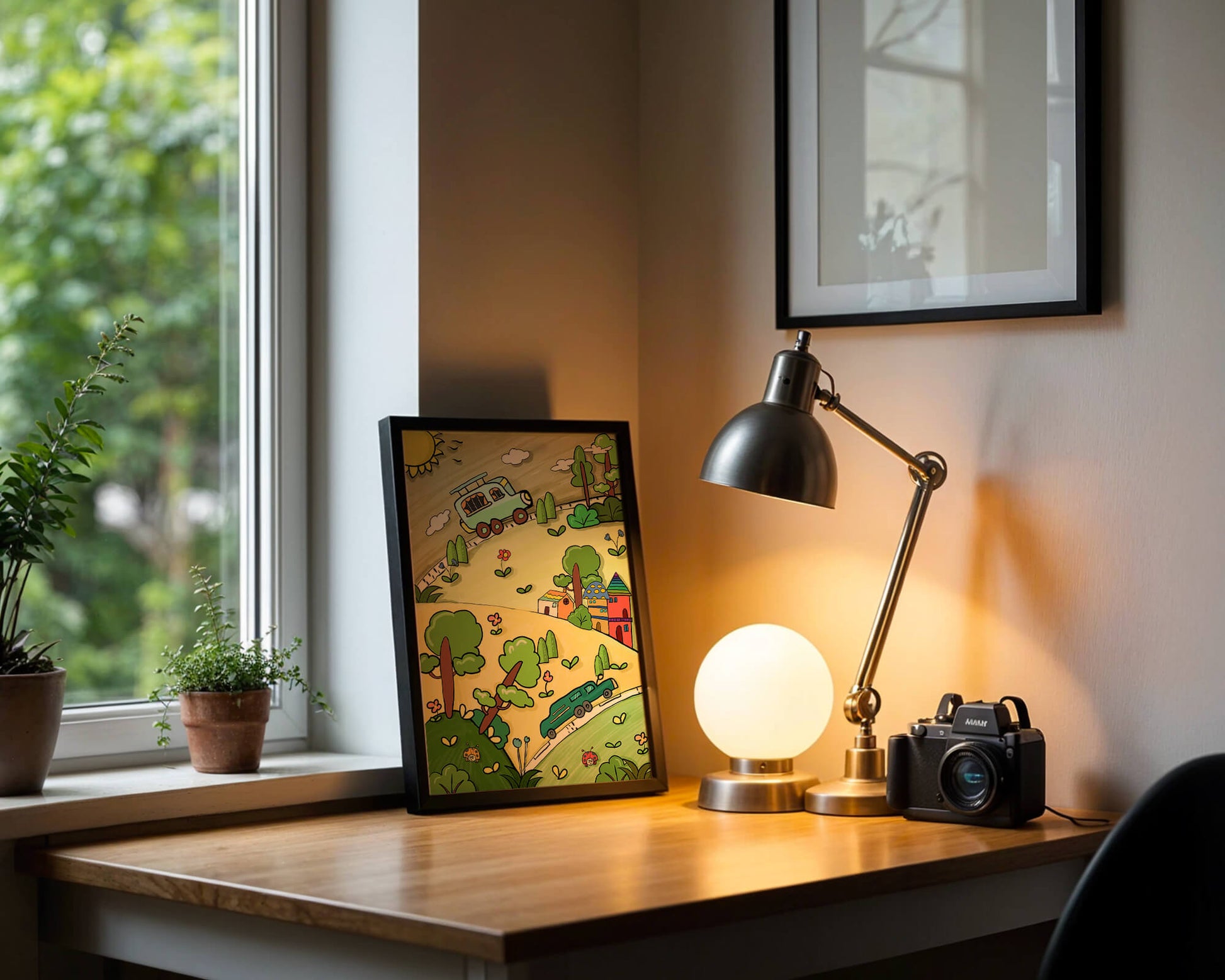 Colorful cartoon landscape with vehicles and nature scene