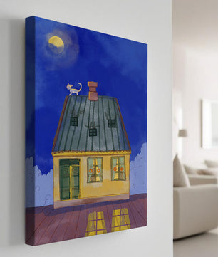 Charmantes nächtliches Haus mit einer Katze auf dem Dach unter dem Mond 
