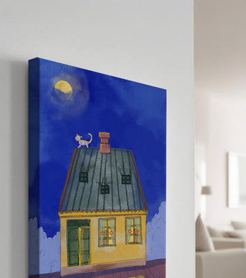 Charming Nighttime House with a Cat on the Roof Under the Moon