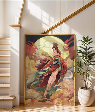 An enchanting depiction of a celestial figure with a mystical rabbit and vibrant attire
