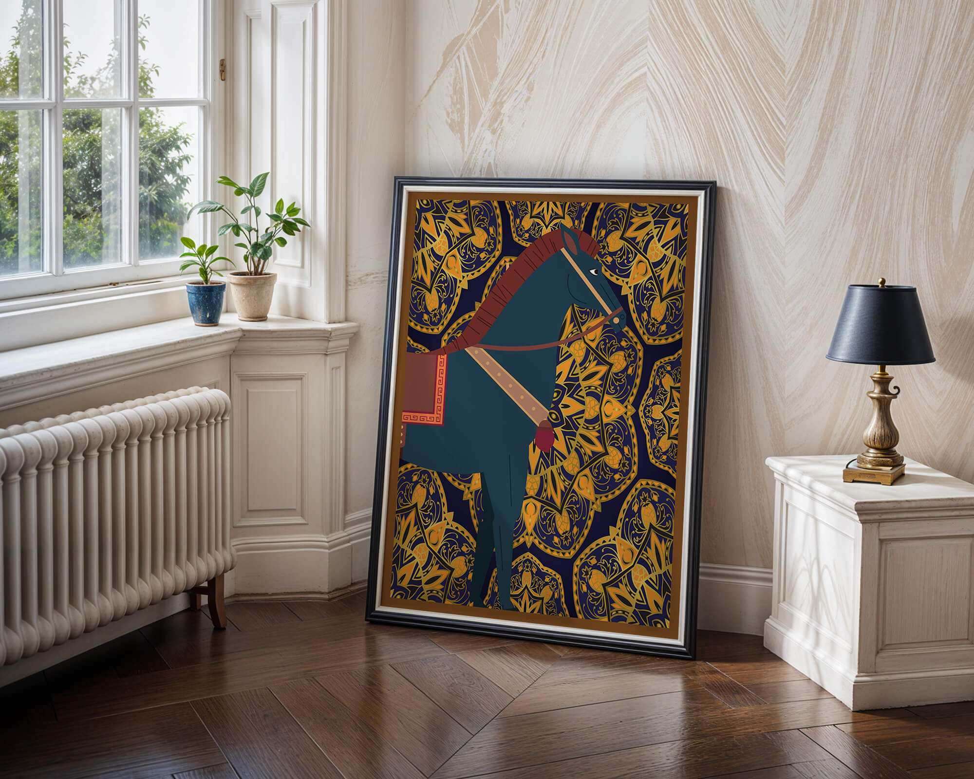 Stylized horse illustration on intricate golden pattern background