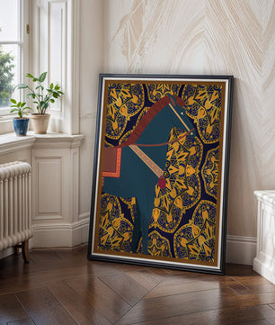 Stilisierte Pferdeillustration auf kompliziertem goldenem Musterhintergrund