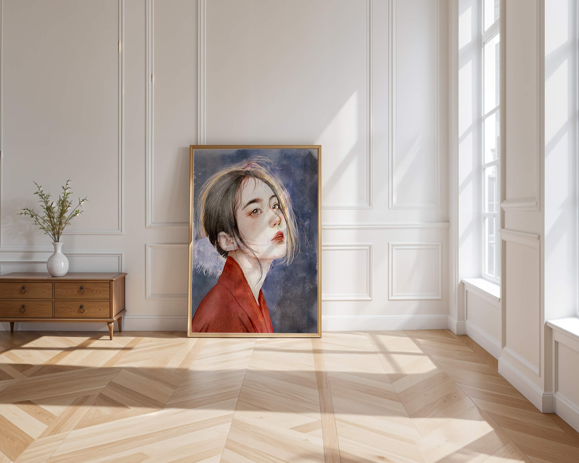 Watercolor portrait of a woman in a red garment with expressive features