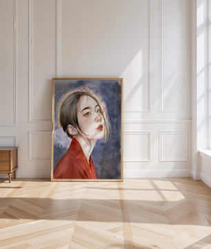 Watercolor portrait of a woman in a red garment with expressive features