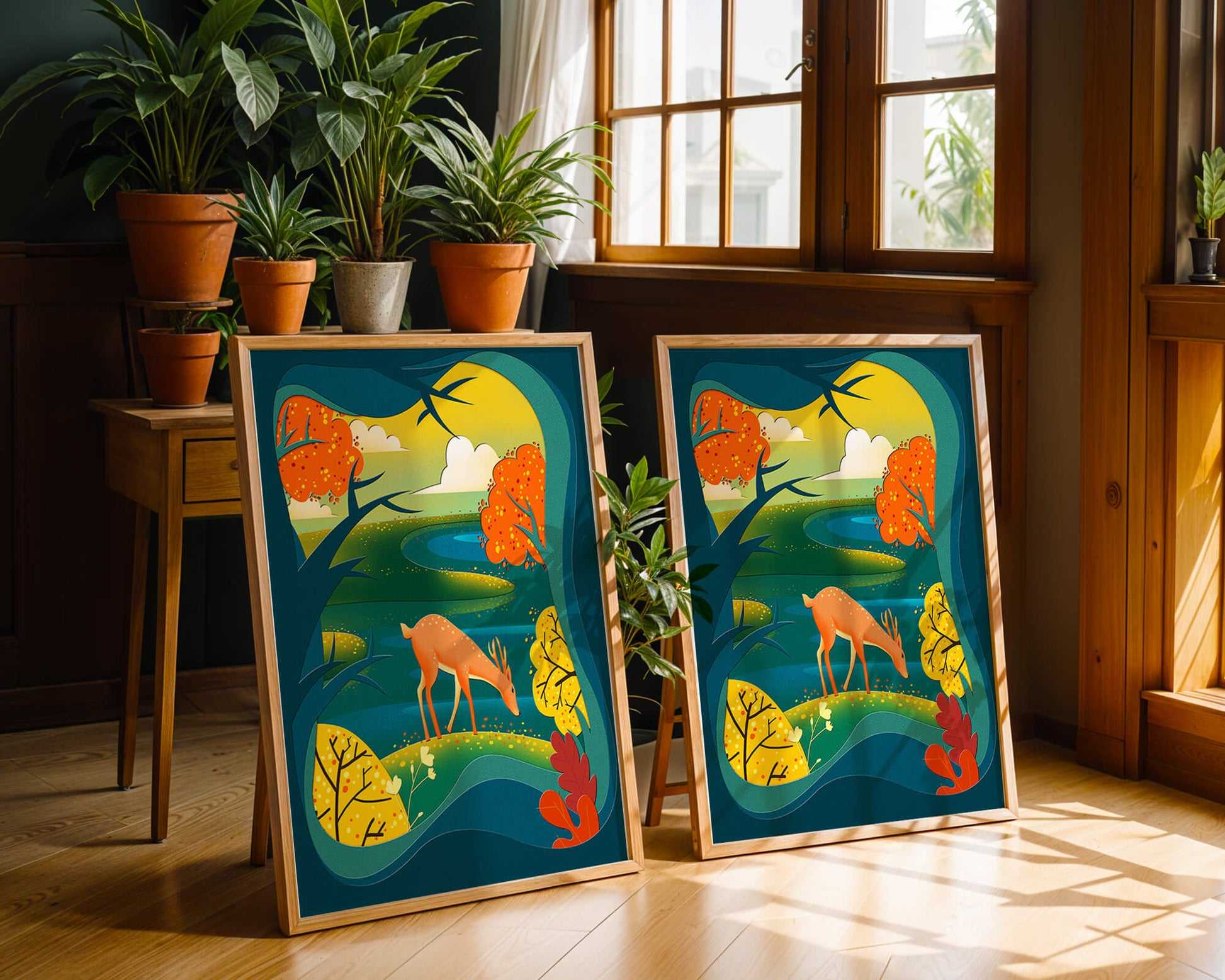 Deer in autumnal forest landscape with vibrant foliage
