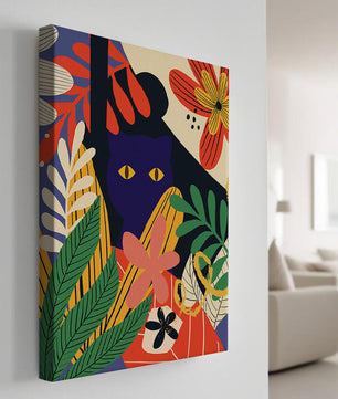 Ilustración abstracta colorida con un gato y patrones florales
