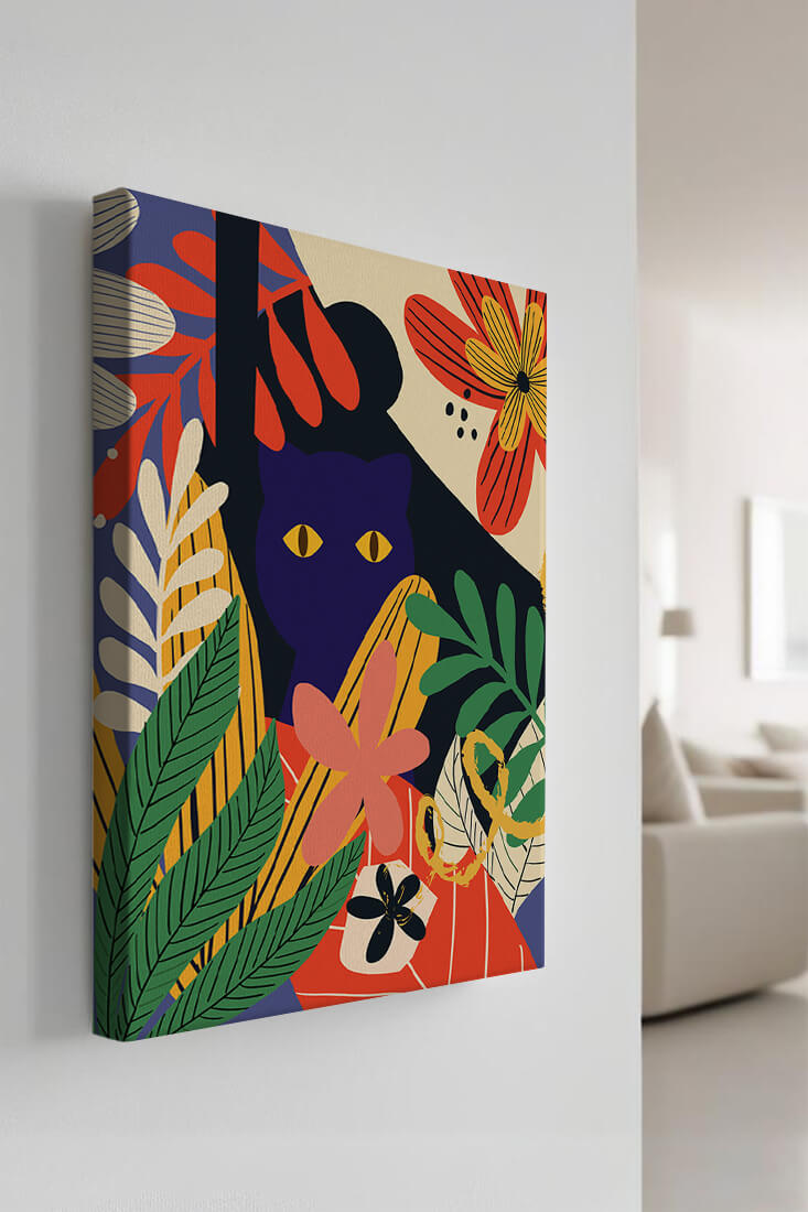 Colorful abstract illustration featuring a cat and floral patterns
