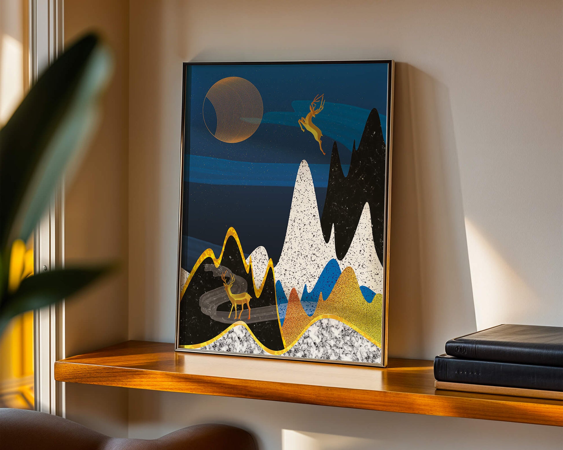 Abstract Landscape with Golden Deer and Surreal Moon