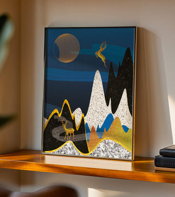 Abstract Landscape with Golden Deer and Surreal Moon