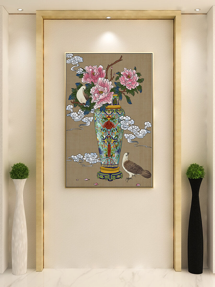 Elegant Asian Style Vase with Peonies and Birds