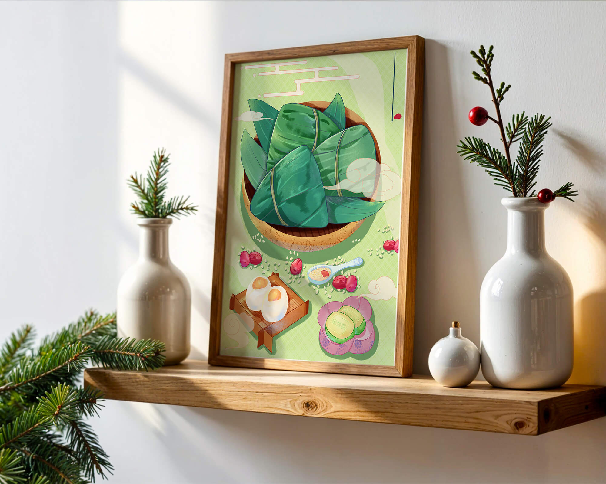 Traditional Asian food illustration with rice dumplings and mooncakes on a green background